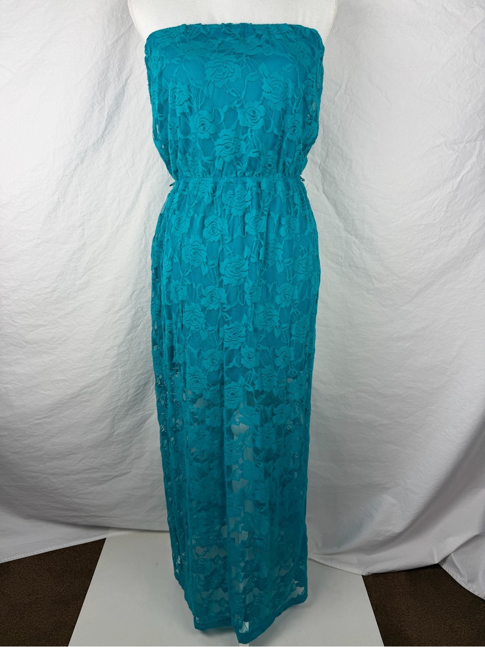 JFW Strapless Maxi Dress-Aqua-Flower Lace Shell-Mini Slip Lining-Medium